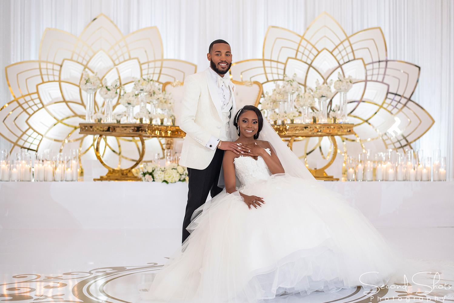 white and gold wedding decor - royal luxury events - rentals - flowers - gold chairs - fancy chairs