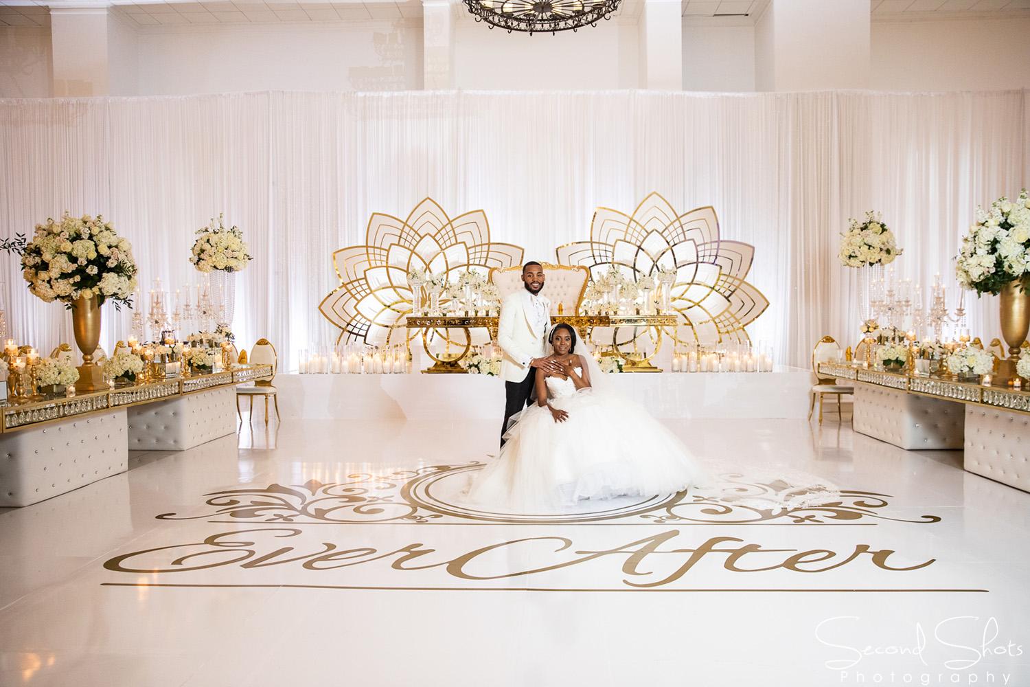 white and gold wedding decor - royal luxury events - rentals - flowers - gold chairs - fancy chairs