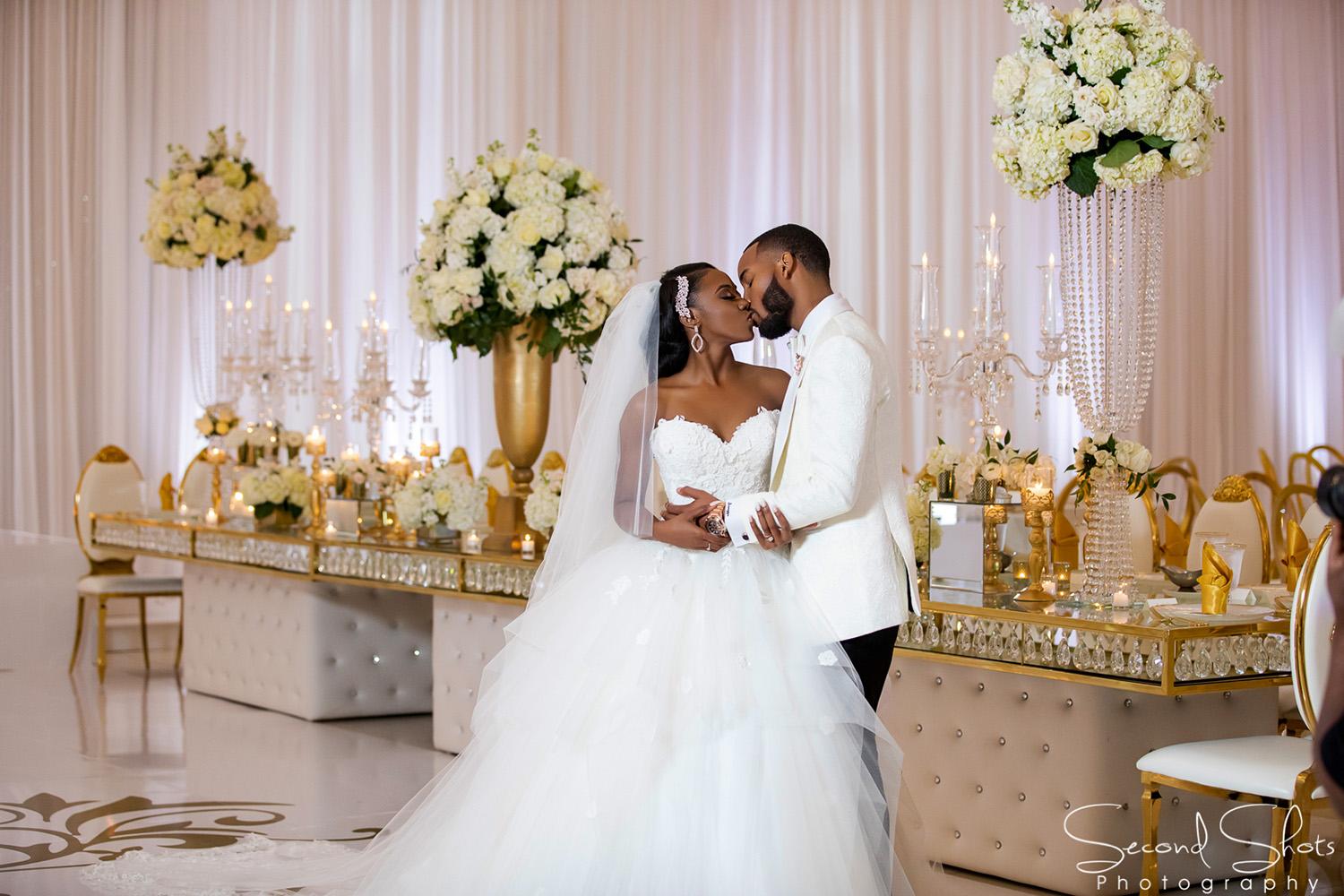 white and gold wedding decor - royal luxury events - rentals - flowers - gold chairs - fancy chairs