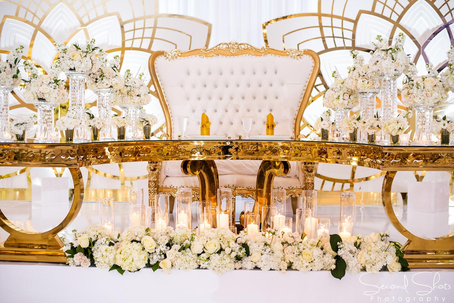 white and gold wedding decor - royal luxury events - rentals - flowers - gold chairs - fancy chairs