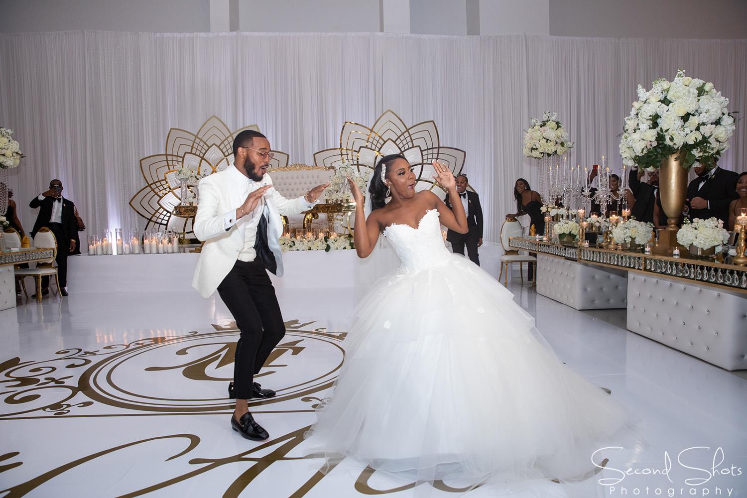 white and gold wedding decor - royal luxury events - rentals - flowers - gold chairs - fancy chairs
