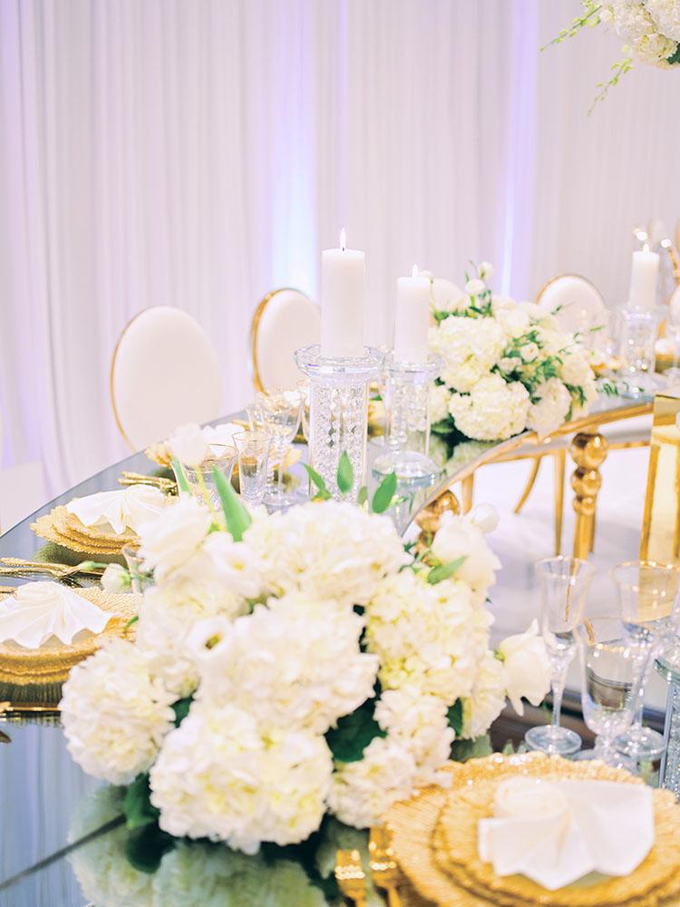 indoor wedding reception decor, white gold, wedding cake, gold chargers, mirror teardrop tables, centerpieces, florist, houstonian, luxury wedding in houston