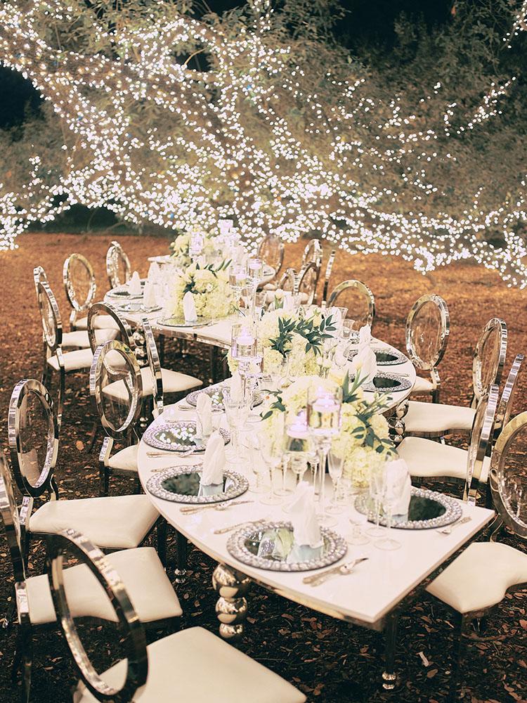 outdoor night wedding reception decor - serpentine table - silver - lights - houstonian - luxury houston wedding