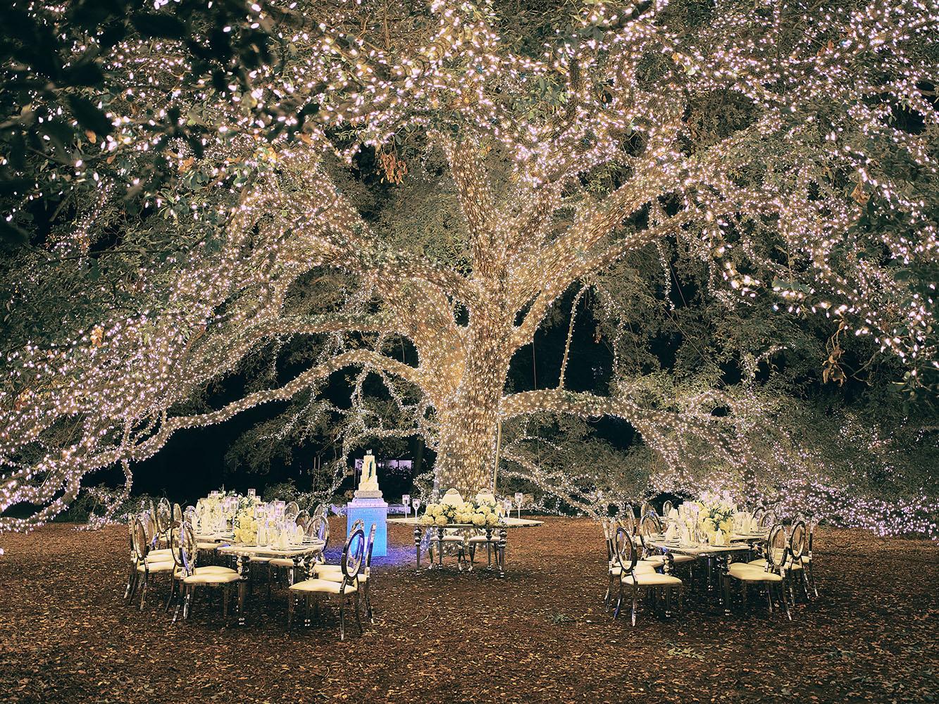 outdoor night wedding reception decor - serpentine table - silver - lights - houstonian - luxury houston wedding