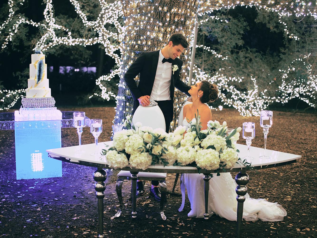 outdoor night wedding reception decor - serpentine table - silver - lights - houstonian - luxury houston wedding