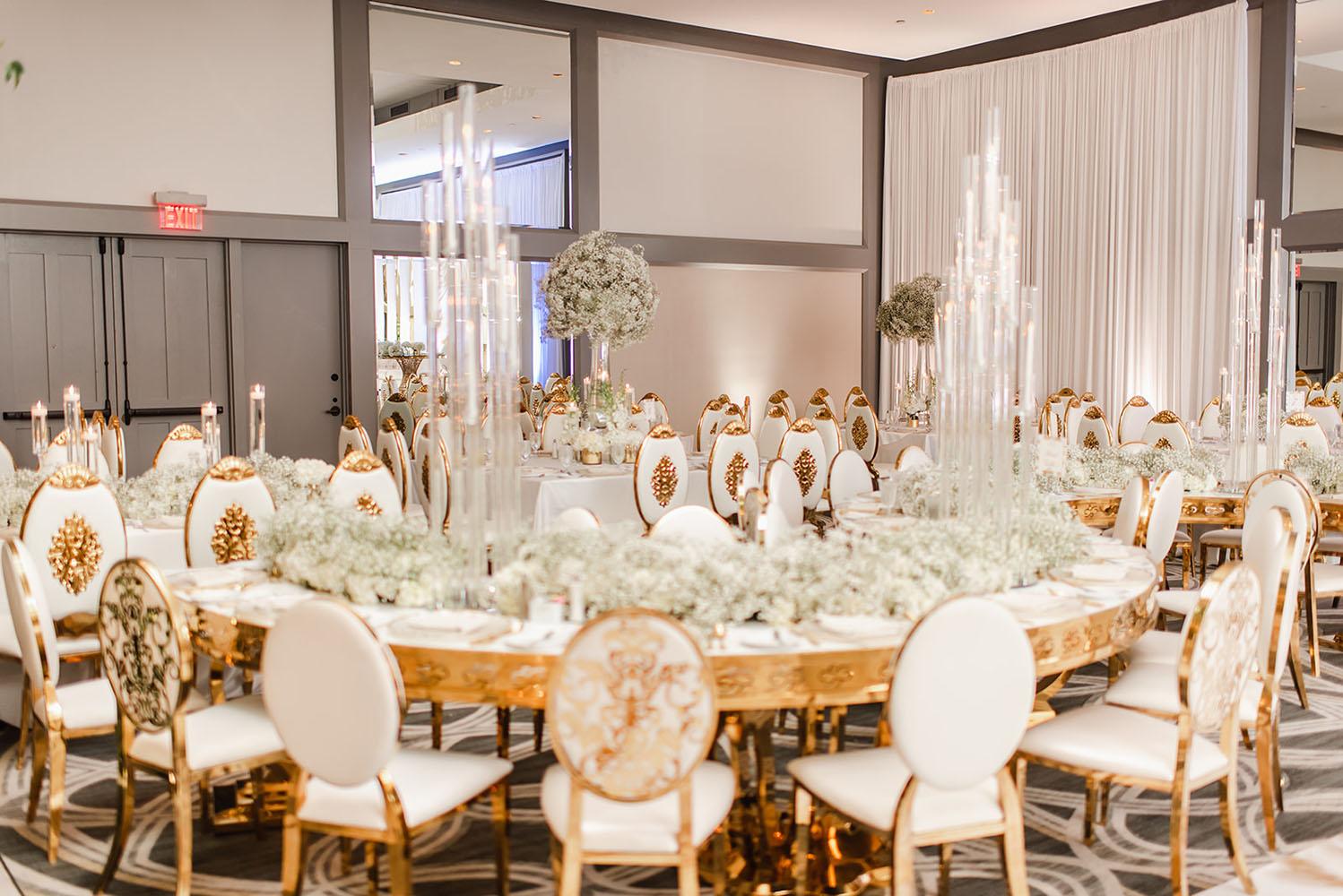Wisteria, Baby's Breath, reception decor, omni houston, wedding decor, florist in houston, gold round table