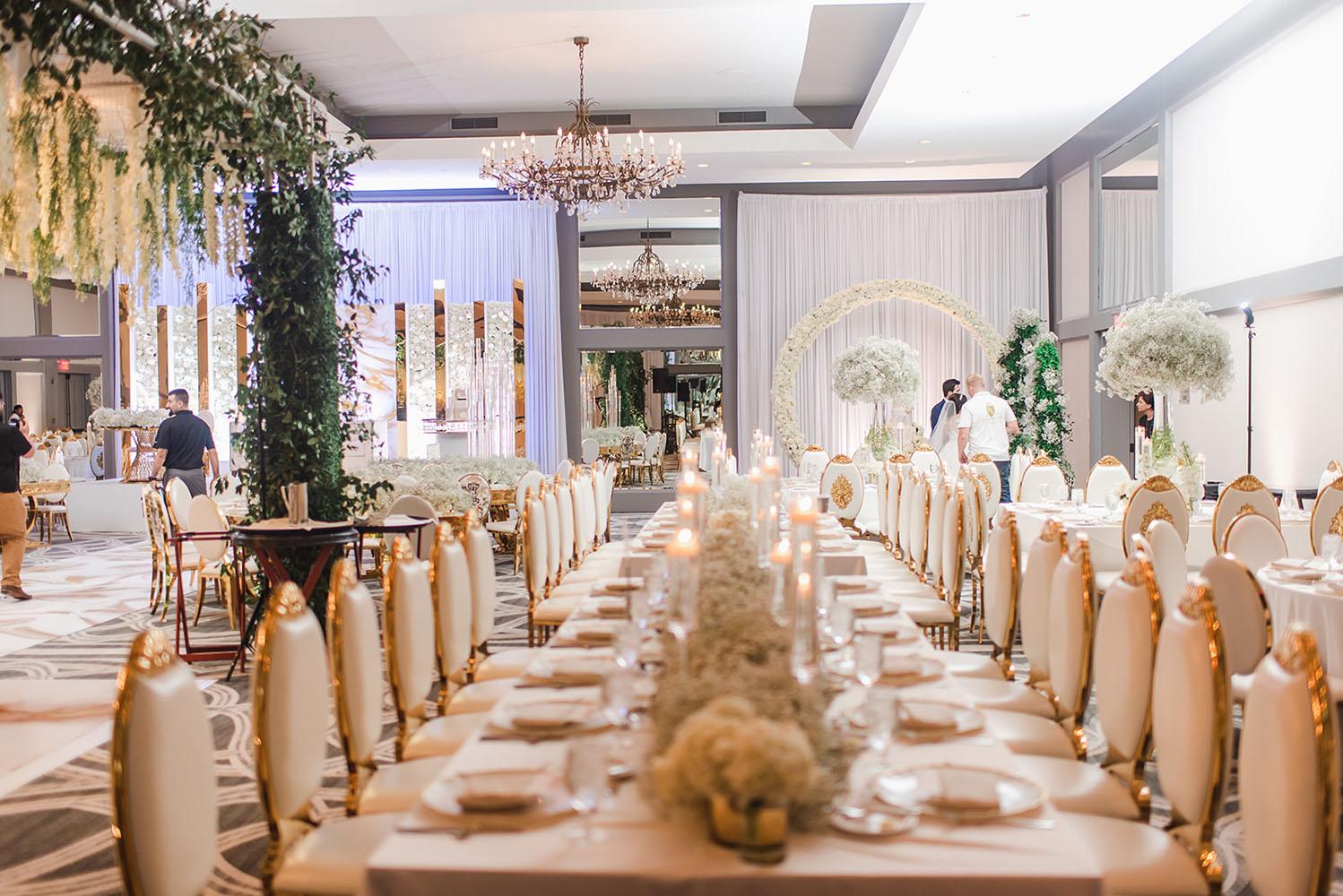 Wisteria, Baby's Breath, reception decor, omni houston, wedding decor, florist in houston, gold round table