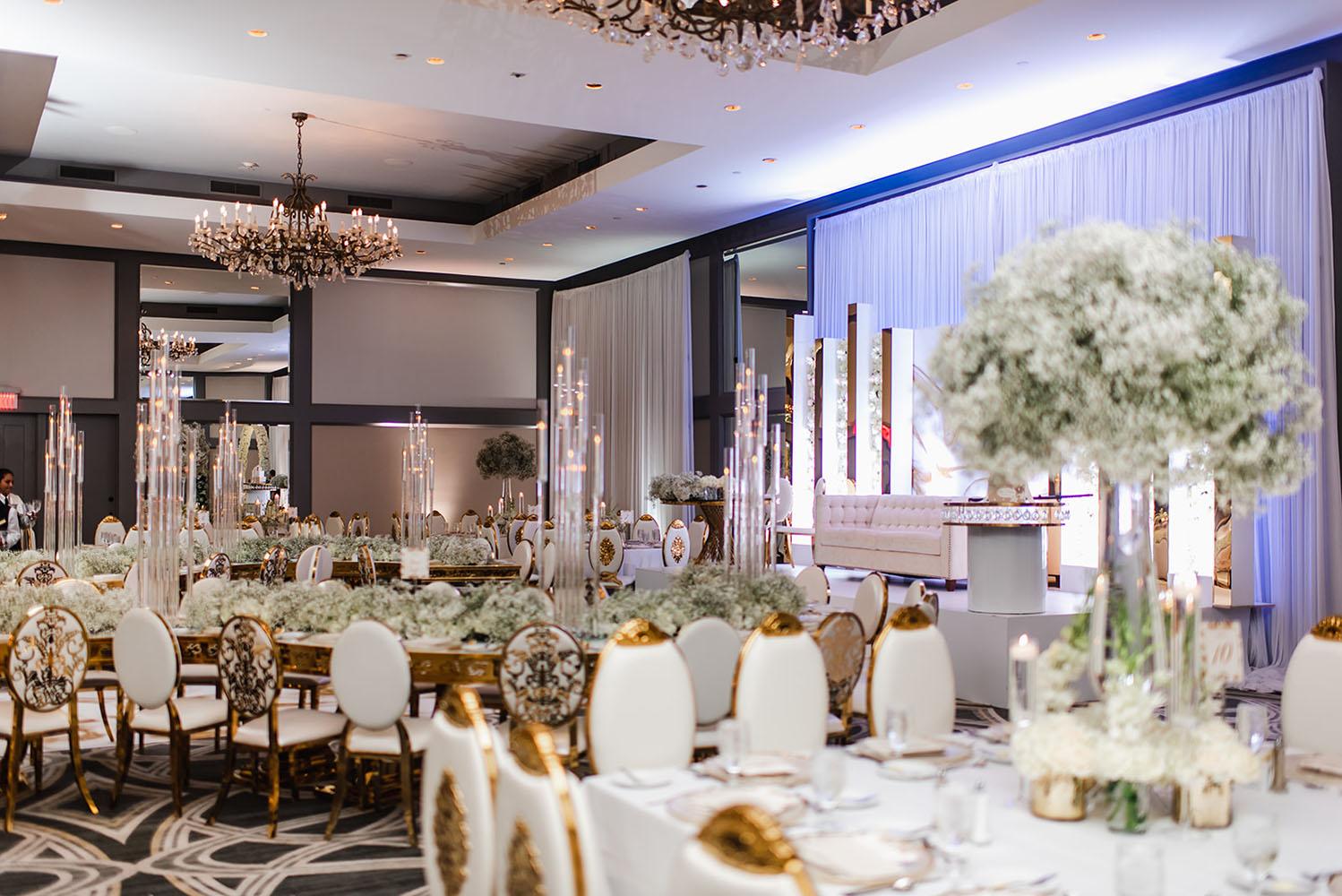 Wisteria, Baby's Breath, reception decor, omni houston, wedding decor, florist in houston, gold round table