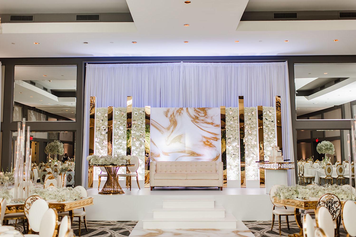 Wisteria, Baby's Breath, reception decor, omni houston, wedding decor, florist in houston, gold round table
