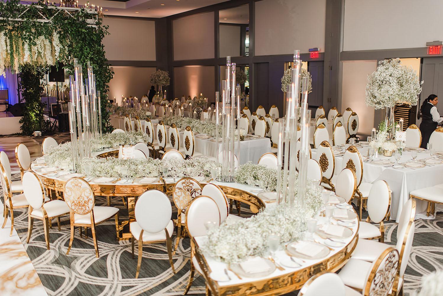 Wisteria, Baby's Breath, reception decor, omni houston, wedding decor, florist in houston, gold serpentine table