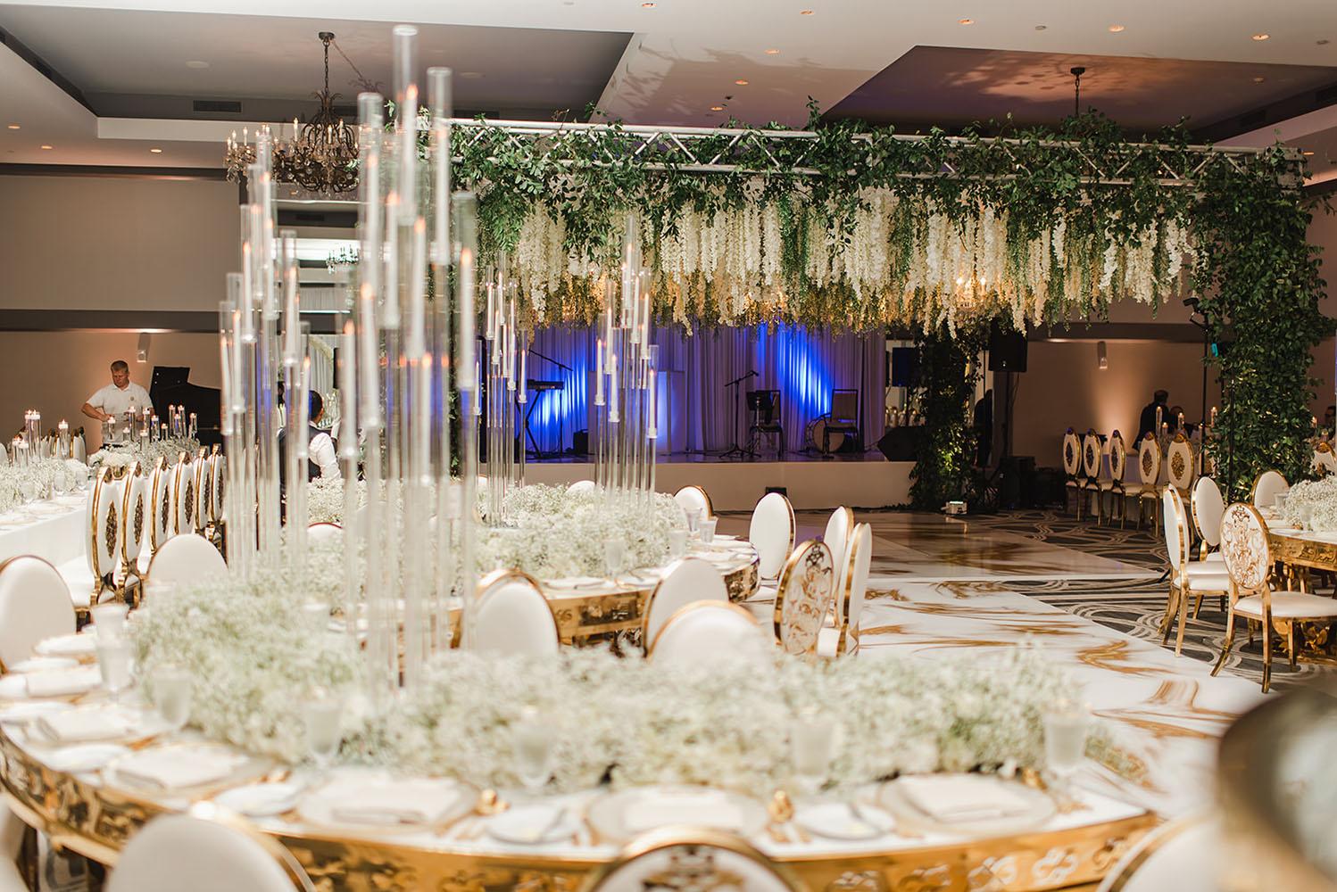 Wisteria, Baby's Breath, reception decor, omni houston, wedding decor, florist in houston, gold round table