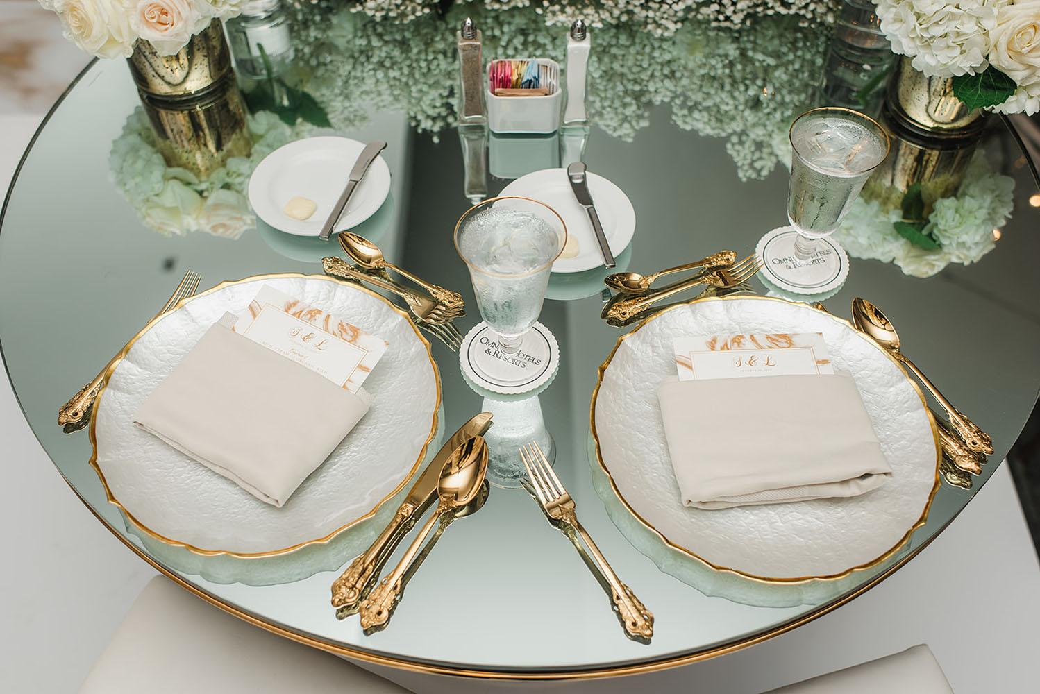 Wisteria, Baby's Breath, reception decor, omni houston, wedding decor, florist in houston, gold round table, mirror seating chart