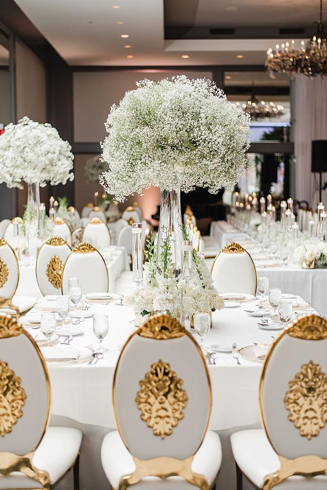 Wisteria, Baby's Breath, reception decor, omni houston, wedding decor, florist in houston, gold round table, mirror seating chart, wedding cake