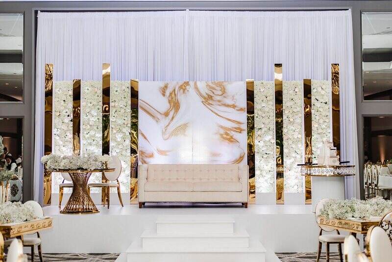 Wisteria, Baby's Breath, reception decor, omni houston, wedding decor, florist in houston, gold round table, mirror seating chart, wedding cake
