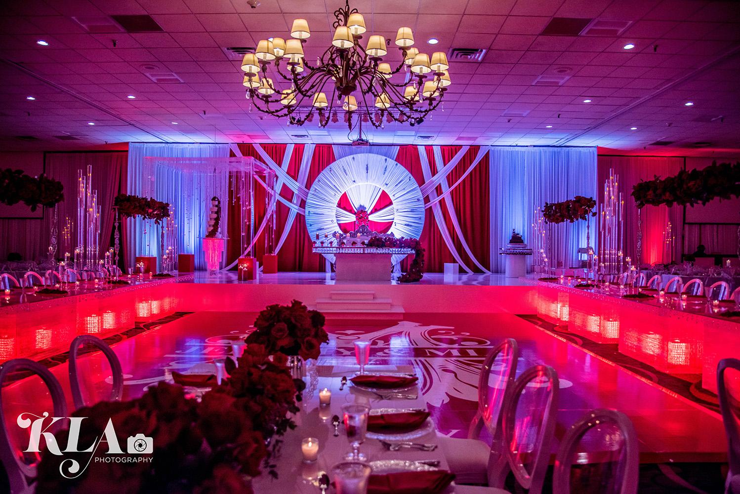 red wedding - luxury - crystal table - white chairs - ghost chairs - rentals in houston - royal luxury