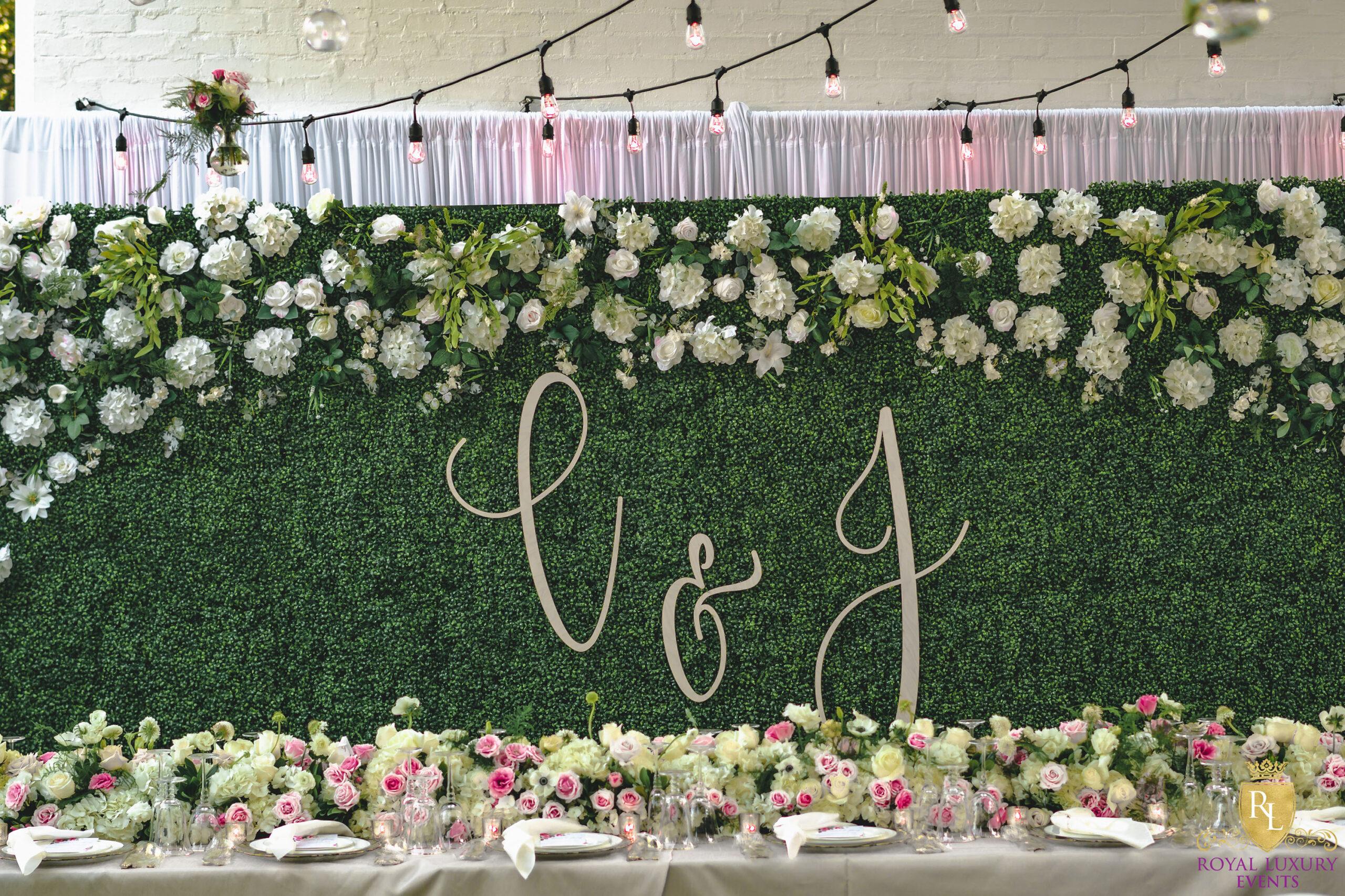 intimate backyard wedding decor featured pastel florals, white chairs, a greenery wall, and many other unique details - houston wedding decor
