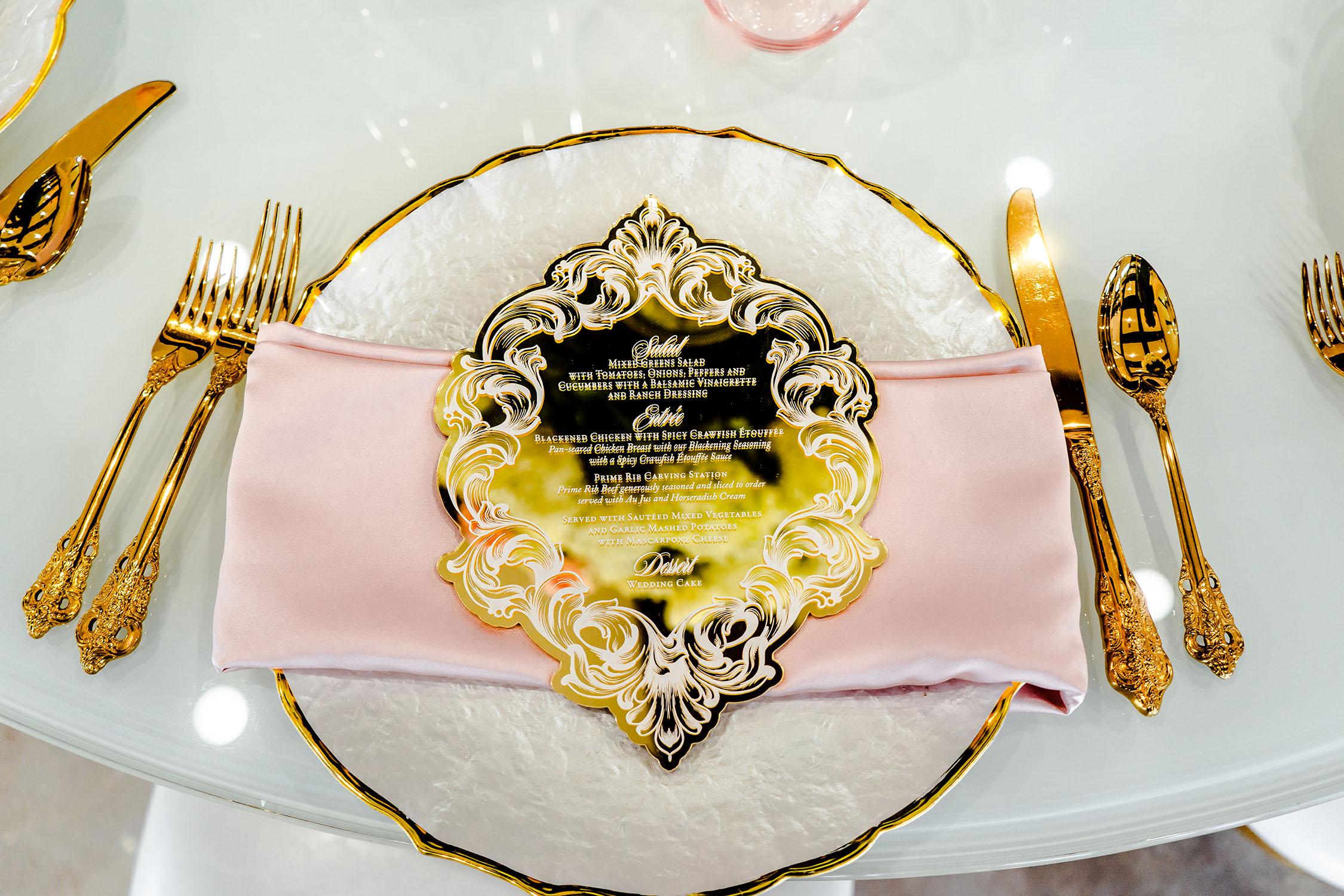 gold rim charger plate with custom menu - palm royal villa - royal luxury events