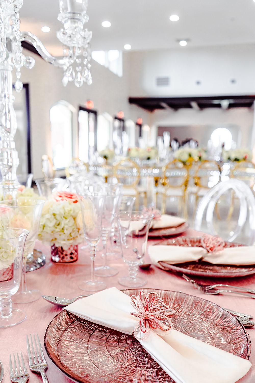 elegant and luxurious decor for Palm Royal Villa’s Grand Opening Open House in Katy, Texas. We showcased a variety of wedding decor ideas including our luxury chairs, crystal tables, elegant charger plates, tableware