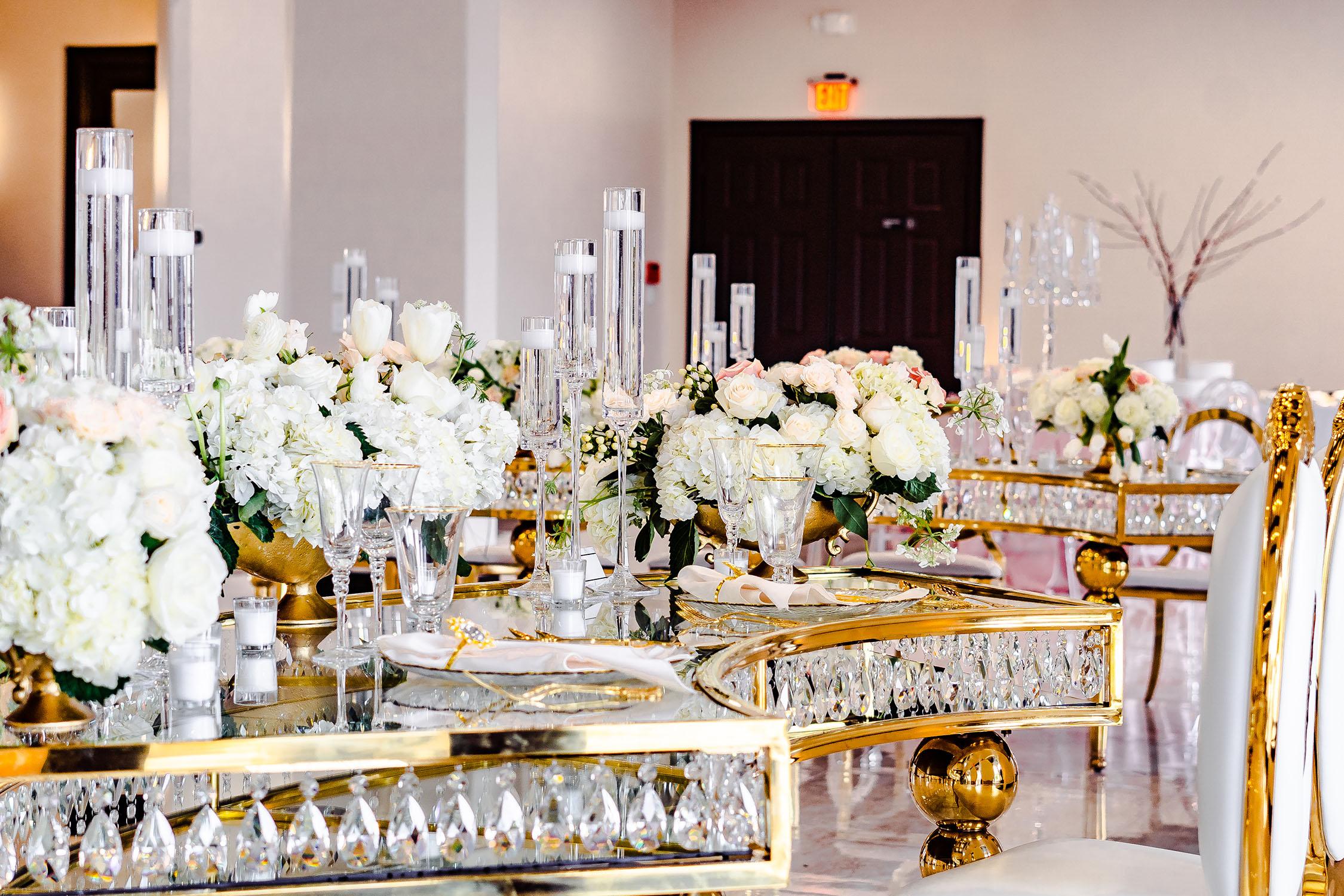 elegant and luxurious decor for Palm Royal Villa’s Grand Opening Open House in Katy, Texas. We showcased a variety of wedding decor ideas including our luxury chairs, crystal tables, elegant charger plates, tableware