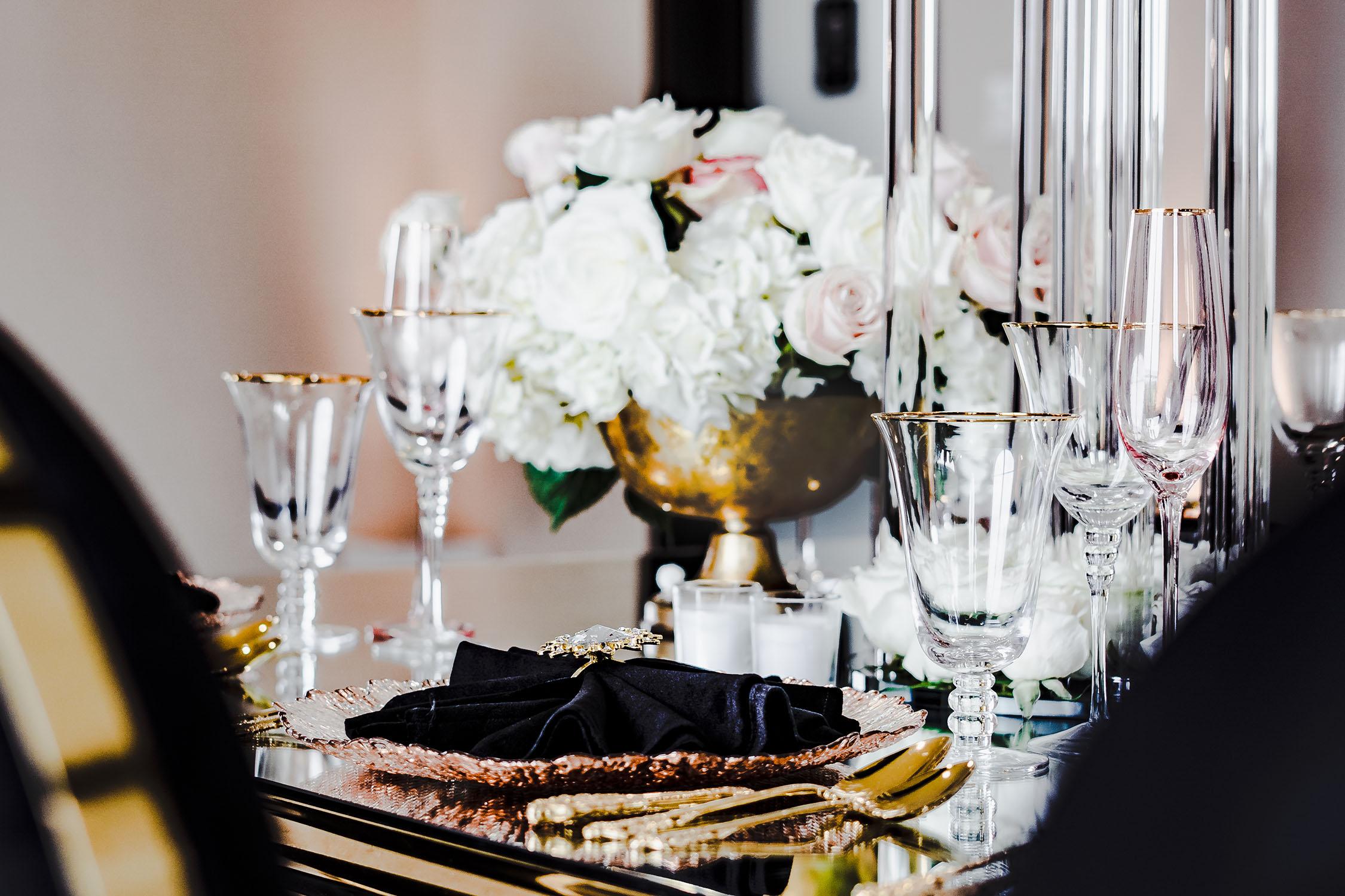 elegant and luxurious decor for Palm Royal Villa’s Grand Opening Open House in Katy, Texas. We showcased a variety of wedding decor ideas including our luxury chairs, crystal tables, elegant charger plates, tableware