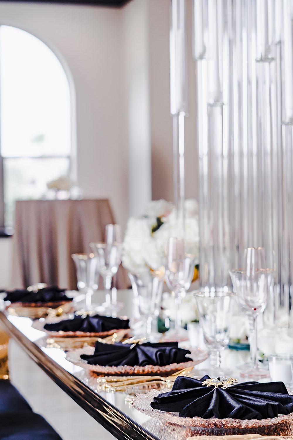 elegant and luxurious decor for Palm Royal Villa’s Grand Opening Open House in Katy, Texas. We showcased a variety of wedding decor ideas including our luxury chairs, crystal tables, elegant charger plates, tableware