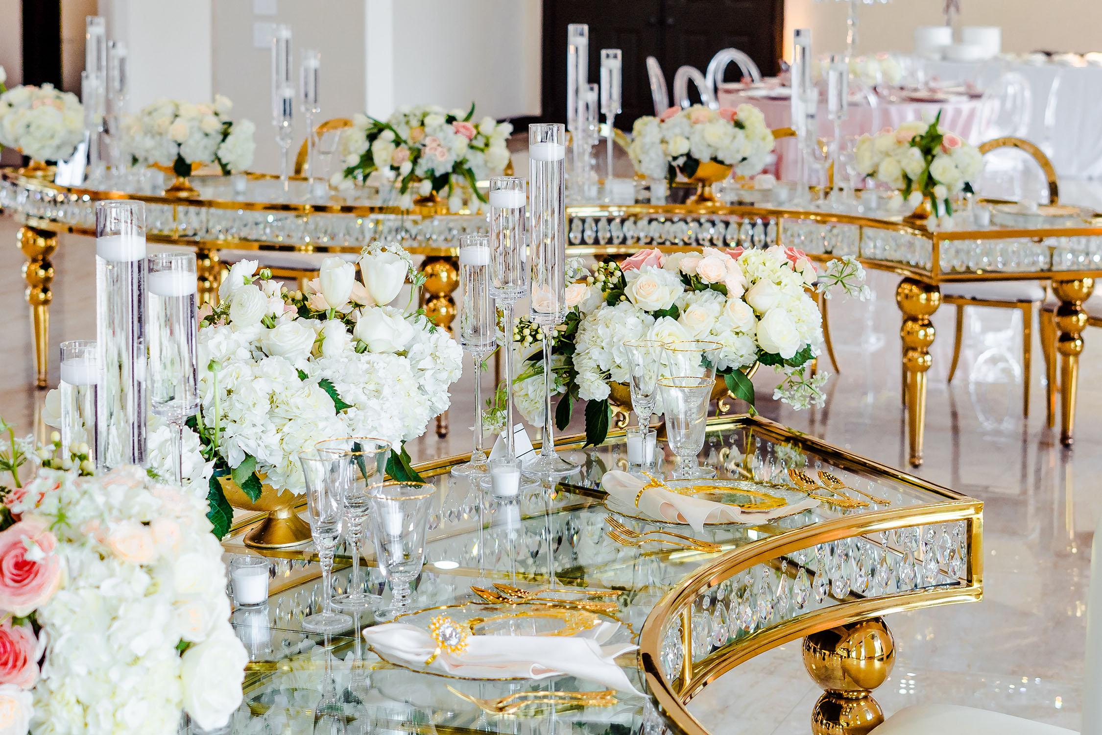 elegant and luxurious decor for Palm Royal Villa’s Grand Opening Open House in Katy, Texas. We showcased a variety of wedding decor ideas including our luxury chairs, crystal tables, elegant charger plates, tableware