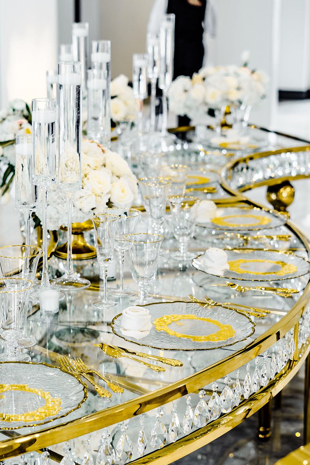 elegant and luxurious decor for Palm Royal Villa’s Grand Opening Open House in Katy, Texas. We showcased a variety of wedding decor ideas including our luxury chairs, crystal tables, elegant charger plates, tableware