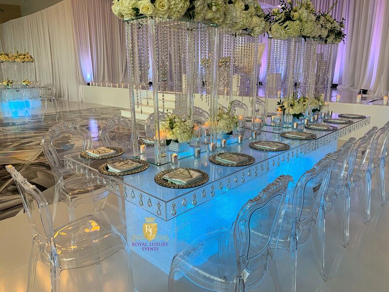 glam wedding at the event centre - ghost tables - crystal - wedding decor - ghost chairs