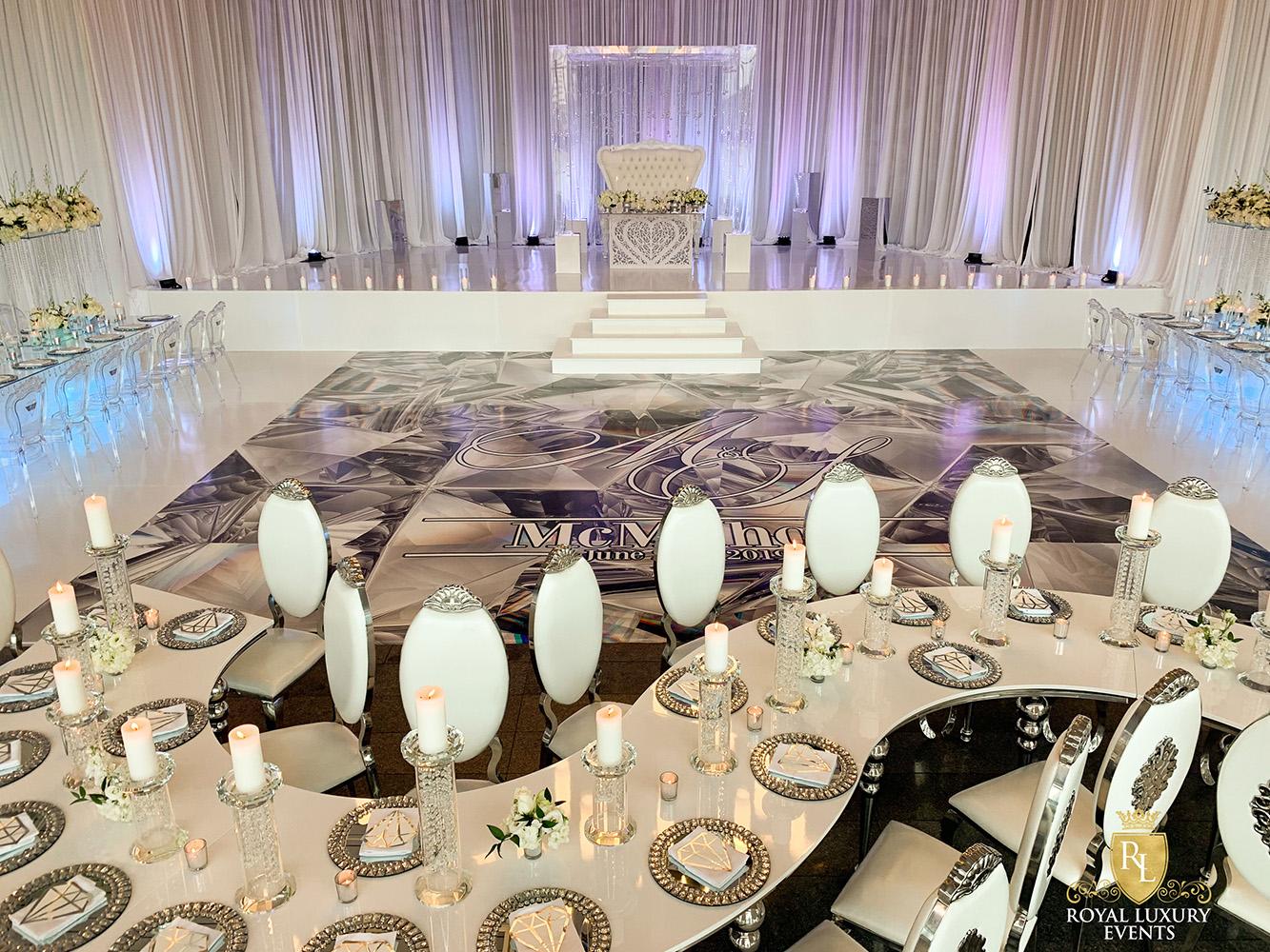 glam wedding at the event centre - ghost tables - crystal - wedding decor - ghost chairs