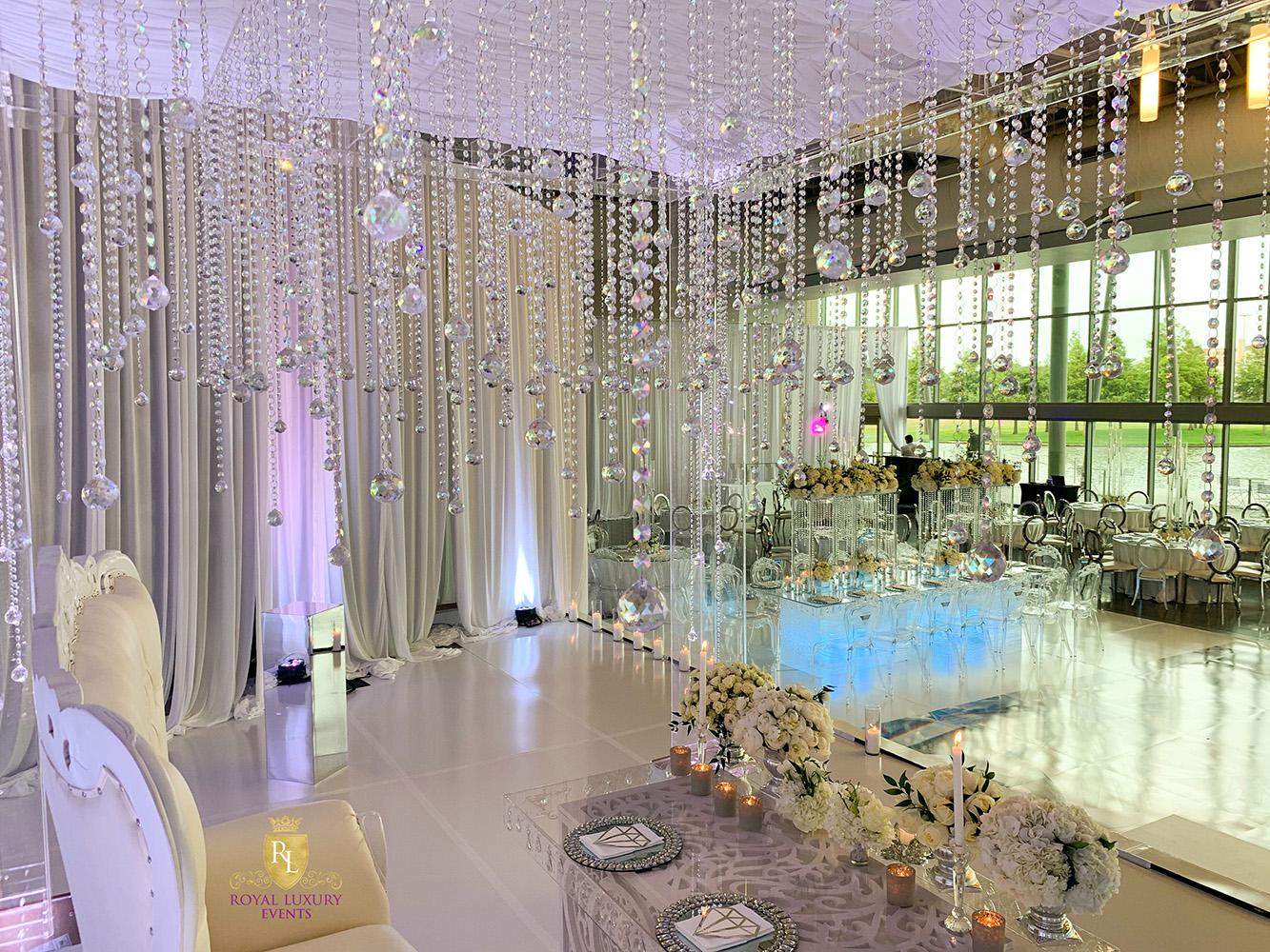 glam wedding at the event centre - ghost tables - crystal - wedding decor - ghost chairs