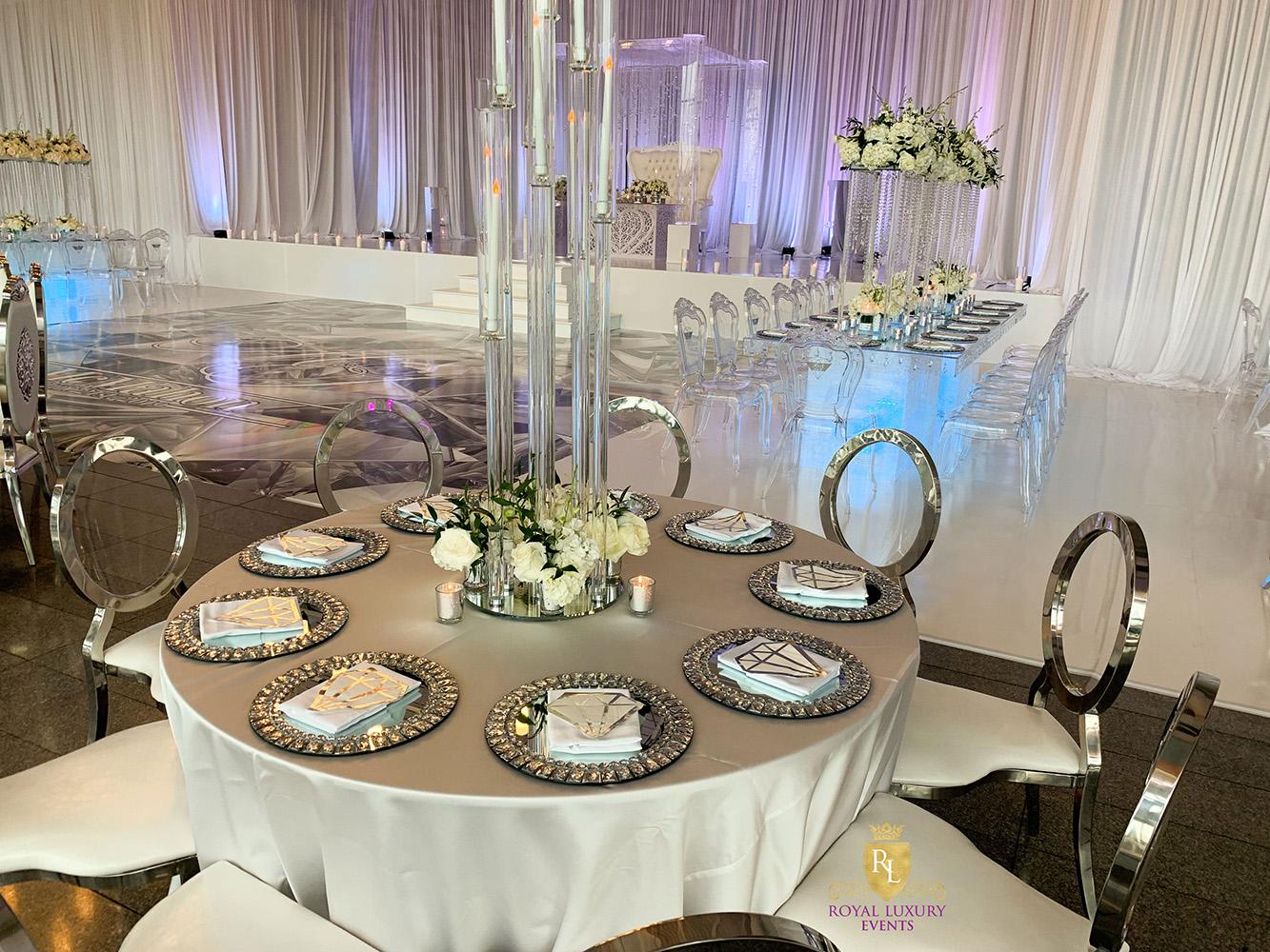 glam wedding at the event centre - ghost tables - crystal - wedding decor - ghost chairs