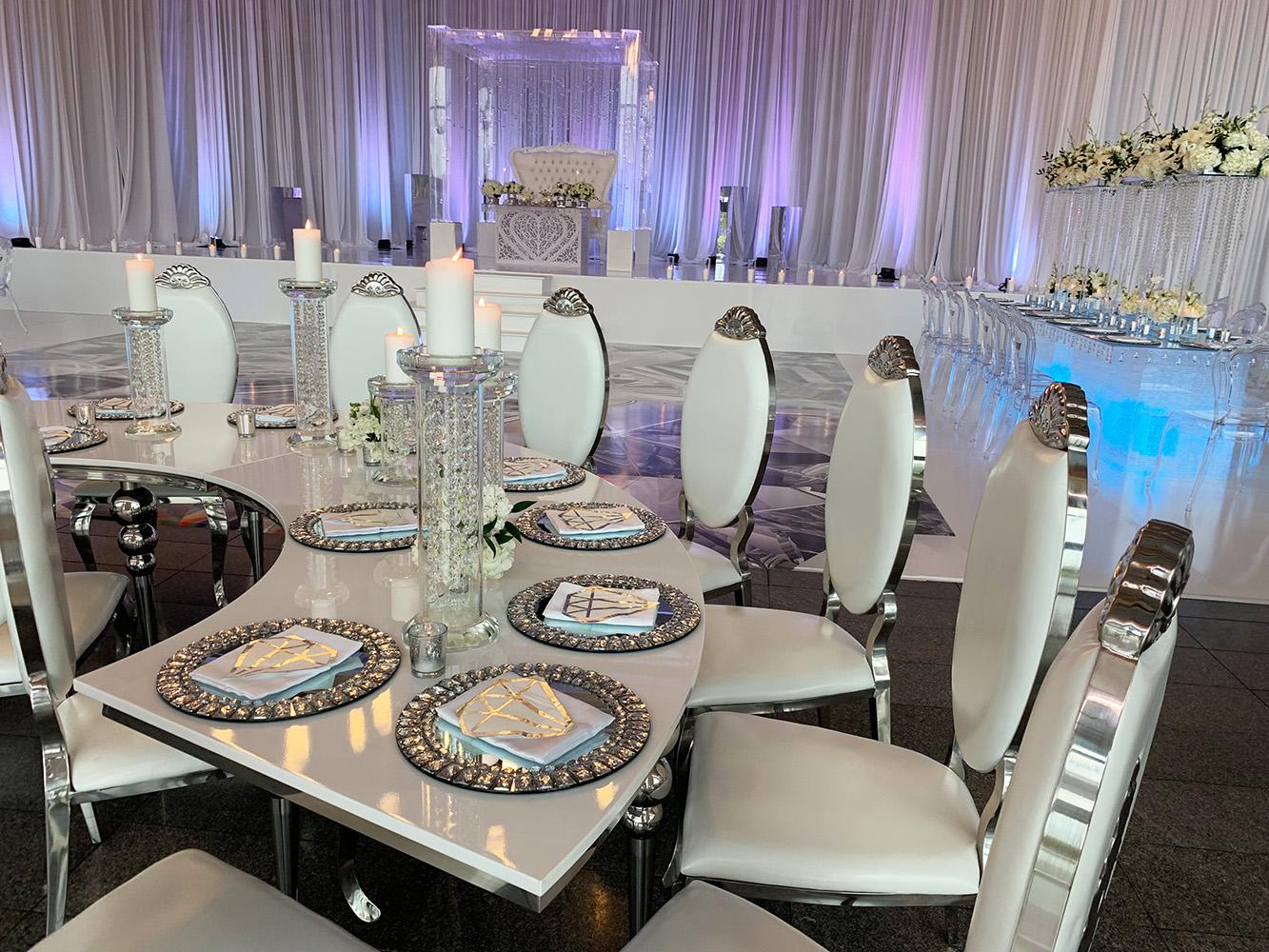 glam wedding at the event centre - ghost tables - crystal - wedding decor - ghost chairs