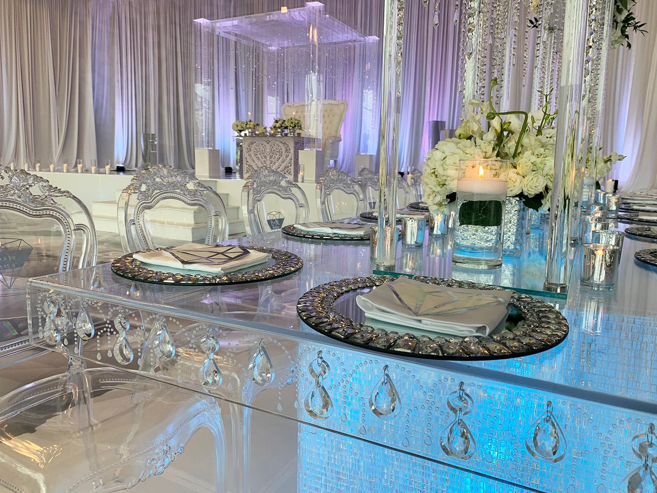 glam wedding at the event centre - ghost tables - crystal - wedding decor - ghost chairs