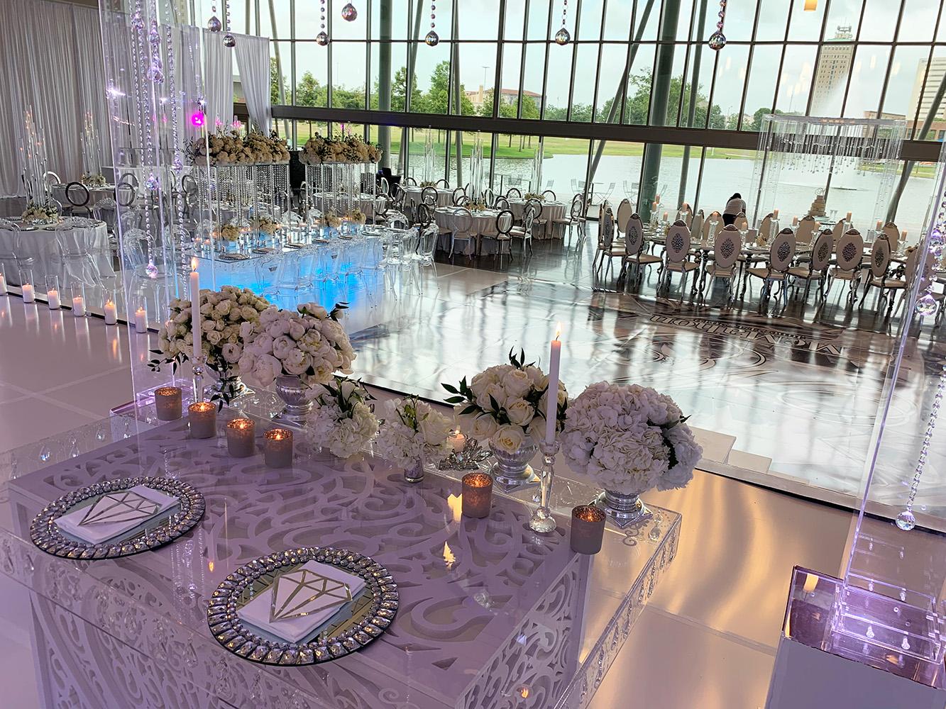 glam wedding at the event centre - ghost tables - crystal - wedding decor - ghost chairs