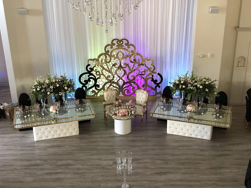 Knotting Hill Place in Dallas, Texas by Royal Luxury Events. Featuring our black and gold chairs, serpentine table, gold crystal tables, white and gold chairs, backdrops and more.