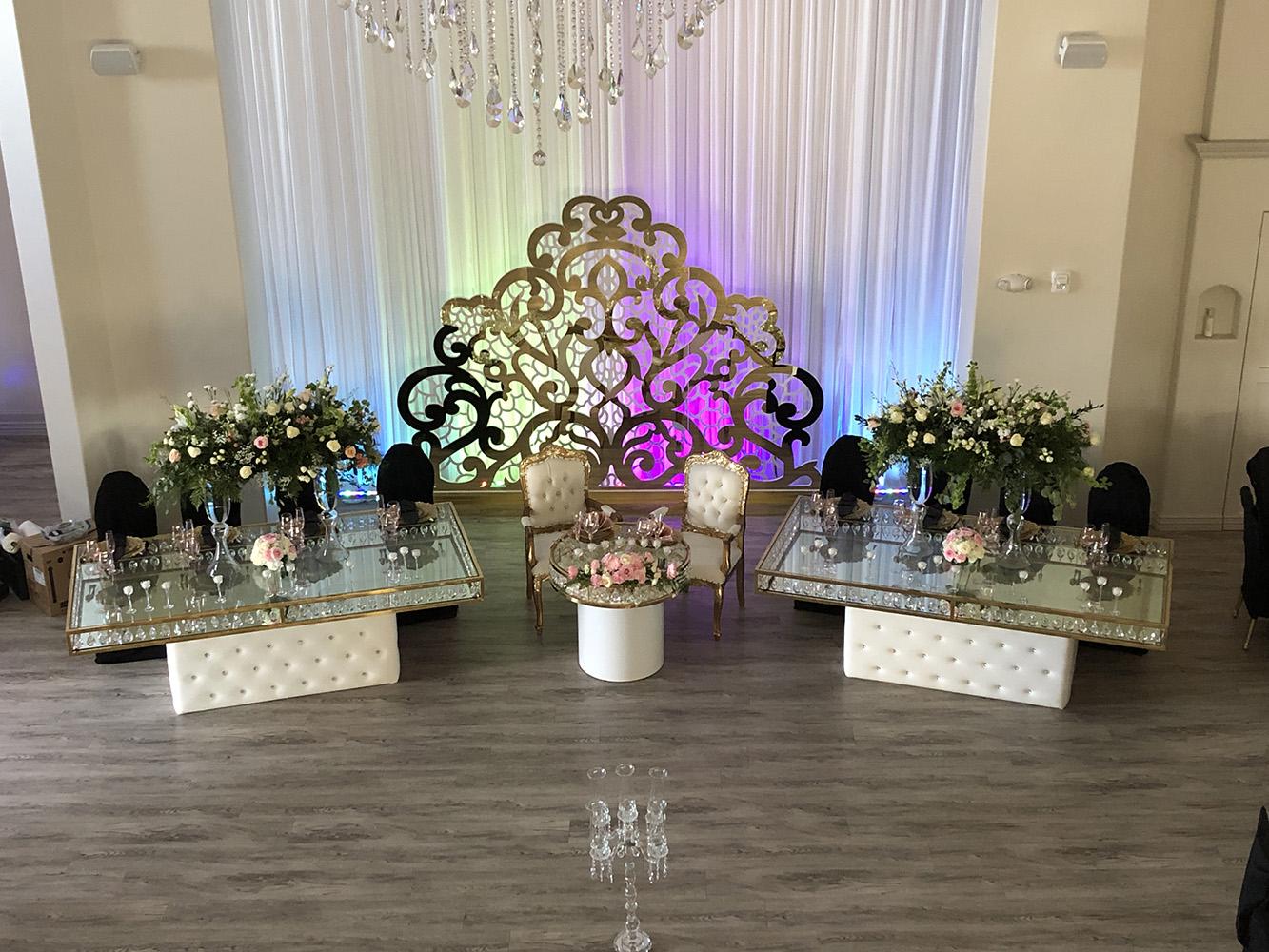 Knotting Hill Place in Dallas, Texas by Royal Luxury Events. Featuring our black and gold chairs, serpentine table, gold crystal tables, white and gold chairs, backdrops and more.