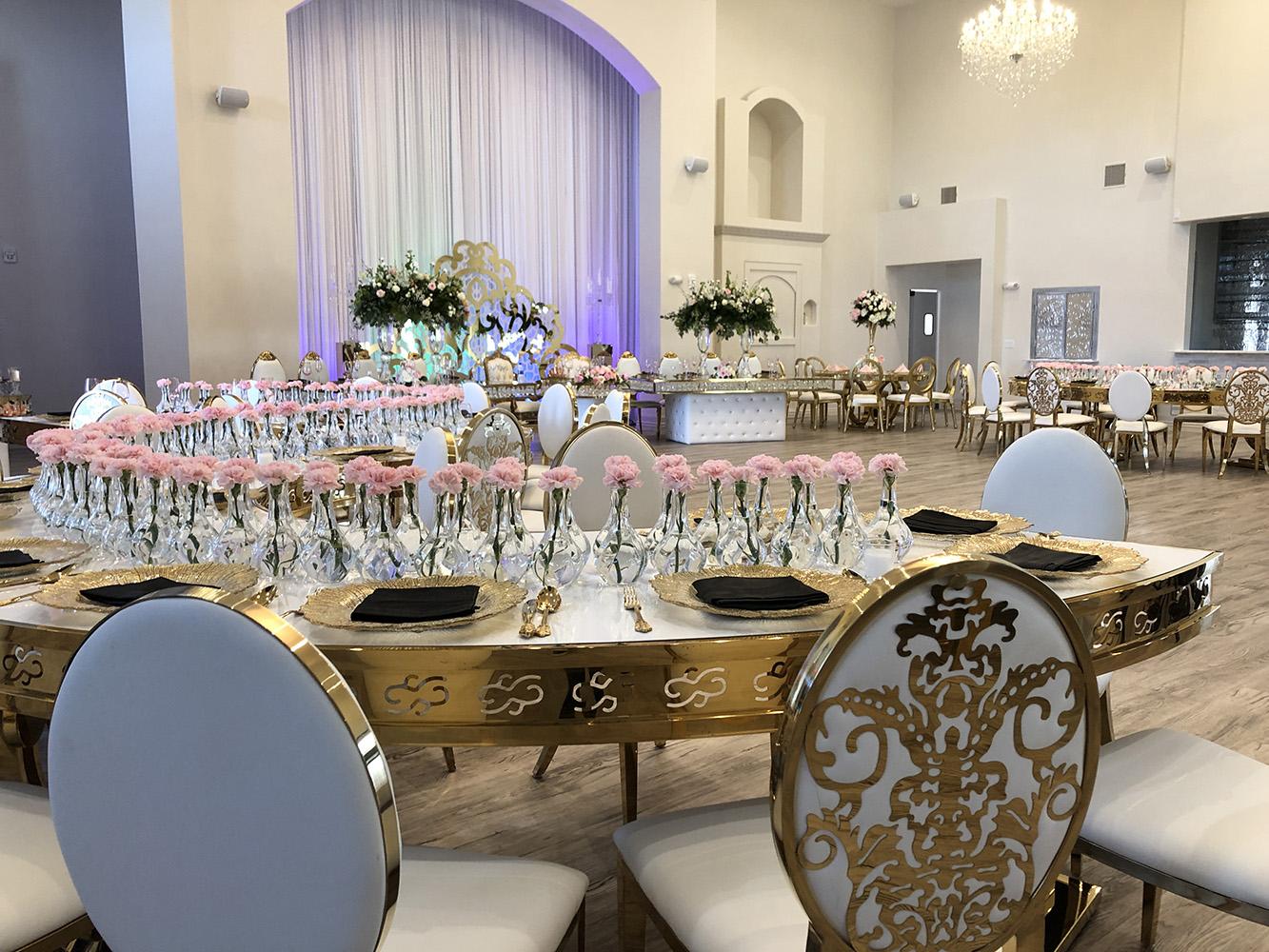 Knotting Hill Place in Dallas, Texas by Royal Luxury Events. Featuring our black and gold chairs, serpentine table, gold crystal tables, white and gold chairs, backdrops and more.