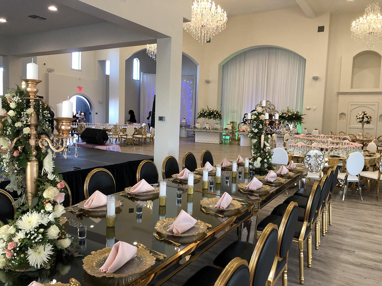 Knotting Hill Place in Dallas, Texas by Royal Luxury Events. Featuring our black and gold chairs, serpentine table, gold crystal tables, white and gold chairs, backdrops and more.