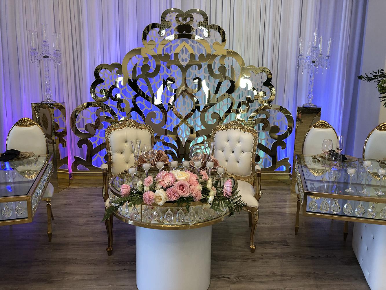 Knotting Hill Place in Dallas, Texas by Royal Luxury Events. Featuring our black and gold chairs, serpentine table, gold crystal tables, white and gold chairs, backdrops and more.
