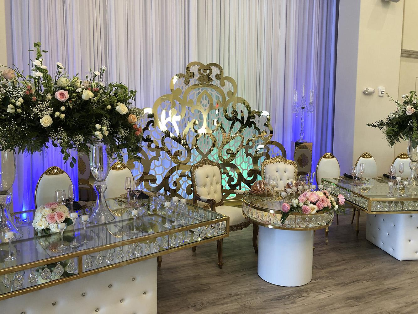Knotting Hill Place in Dallas, Texas by Royal Luxury Events. Featuring our black and gold chairs, serpentine table, gold crystal tables, white and gold chairs, backdrops and more.