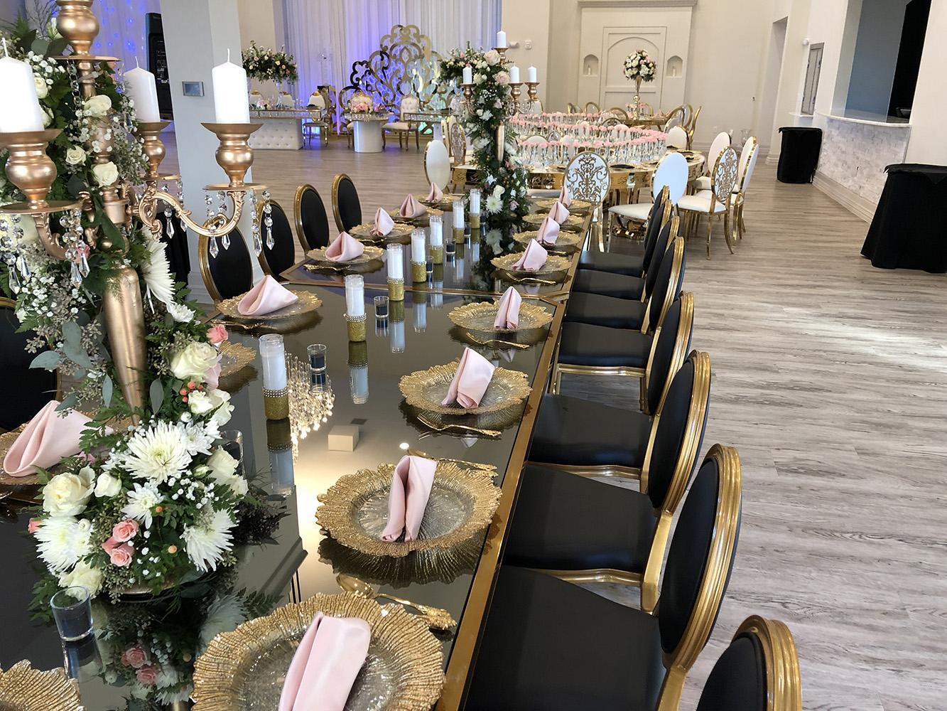 Knotting Hill Place in Dallas, Texas by Royal Luxury Events. Featuring our black and gold chairs, serpentine table, gold crystal tables, white and gold chairs, backdrops and more.