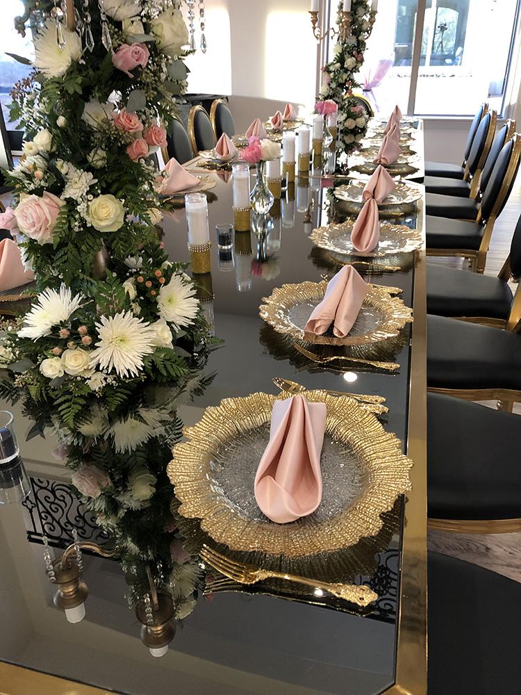Knotting Hill Place in Dallas, Texas by Royal Luxury Events. Featuring our black and gold chairs, serpentine table, gold crystal tables, white and gold chairs, backdrops and more.