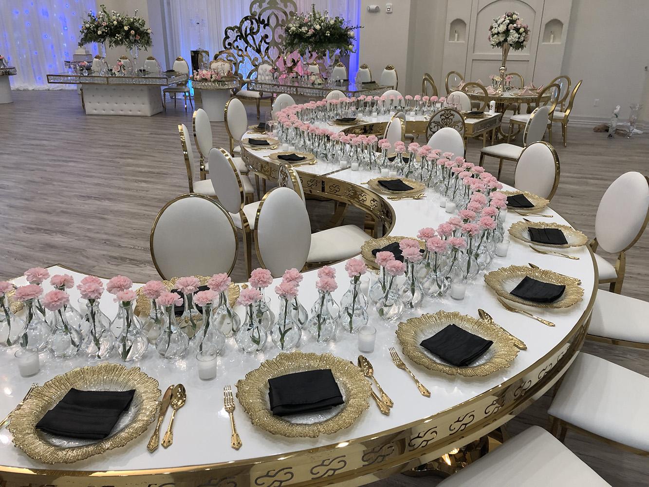 Knotting Hill Place in Dallas, Texas by Royal Luxury Events. Featuring our black and gold chairs, serpentine table, gold crystal tables, white and gold chairs, backdrops and more.