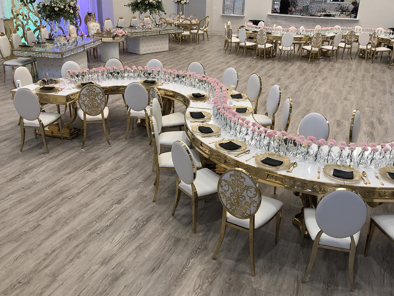 Knotting Hill Place in Dallas, Texas by Royal Luxury Events. Featuring our black and gold chairs, serpentine table, gold crystal tables, white and gold chairs, backdrops and more.