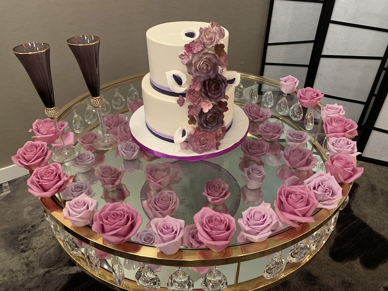 pink purple wedding decor with black and gold chairs, intimate wedding, gold chargers, cake table, centerpieces, 51fifteen
