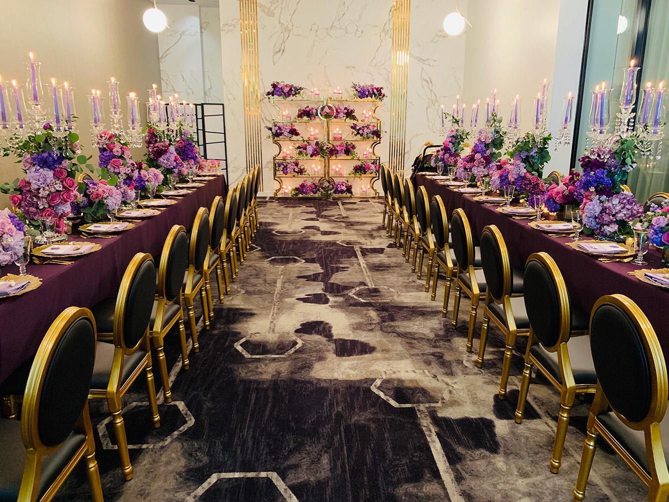 pink purple wedding decor with black and gold chairs, intimate wedding, gold chargers, cake table, centerpieces, 51fifteen