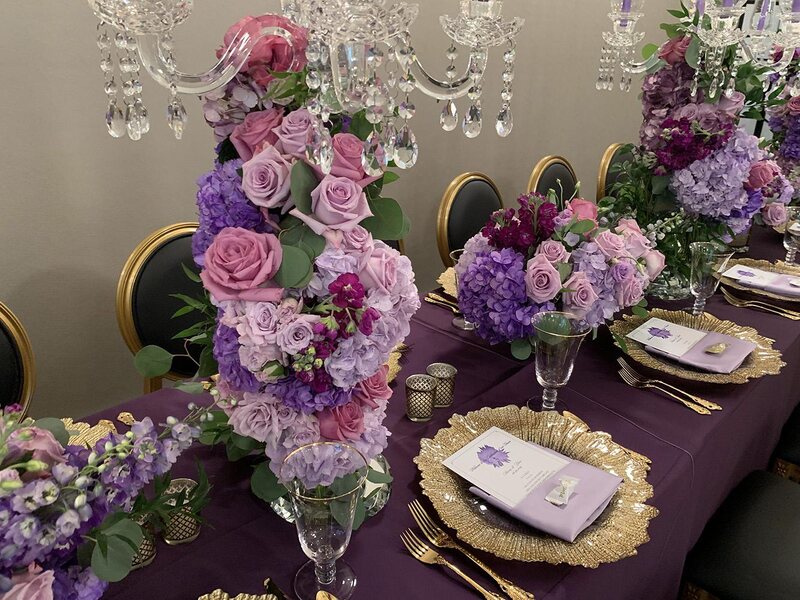 pink purple wedding decor with black and gold chairs, intimate wedding, gold chargers, cake table, centerpieces, 51fifteen