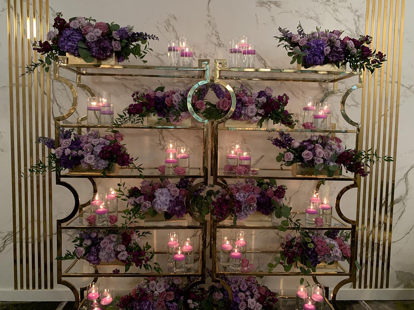 pink purple wedding decor with black and gold chairs, intimate wedding, gold chargers, cake table, centerpieces, 51fifteen