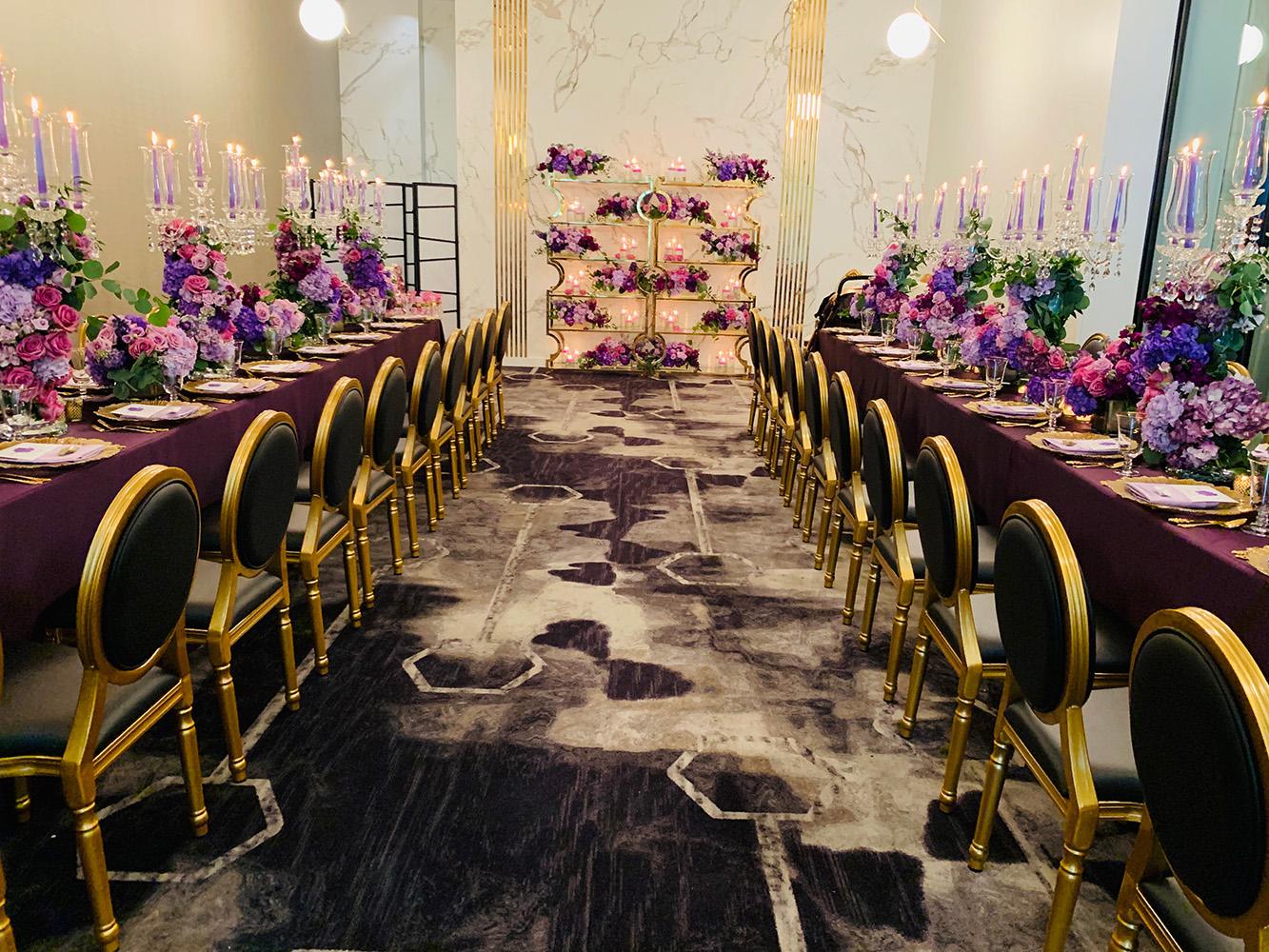 pink purple wedding decor with black and gold chairs, intimate wedding, gold chargers, cake table, centerpieces, 51fifteen