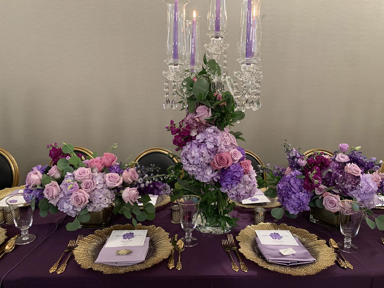 pink purple wedding decor with black and gold chairs, intimate wedding, gold chargers, cake table, centerpieces, 51fifteen